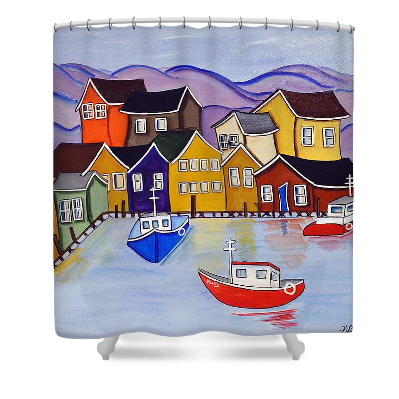 Abstract Shower Curtain featuring the painting Harbour Village by Heather Lovat-Fraser