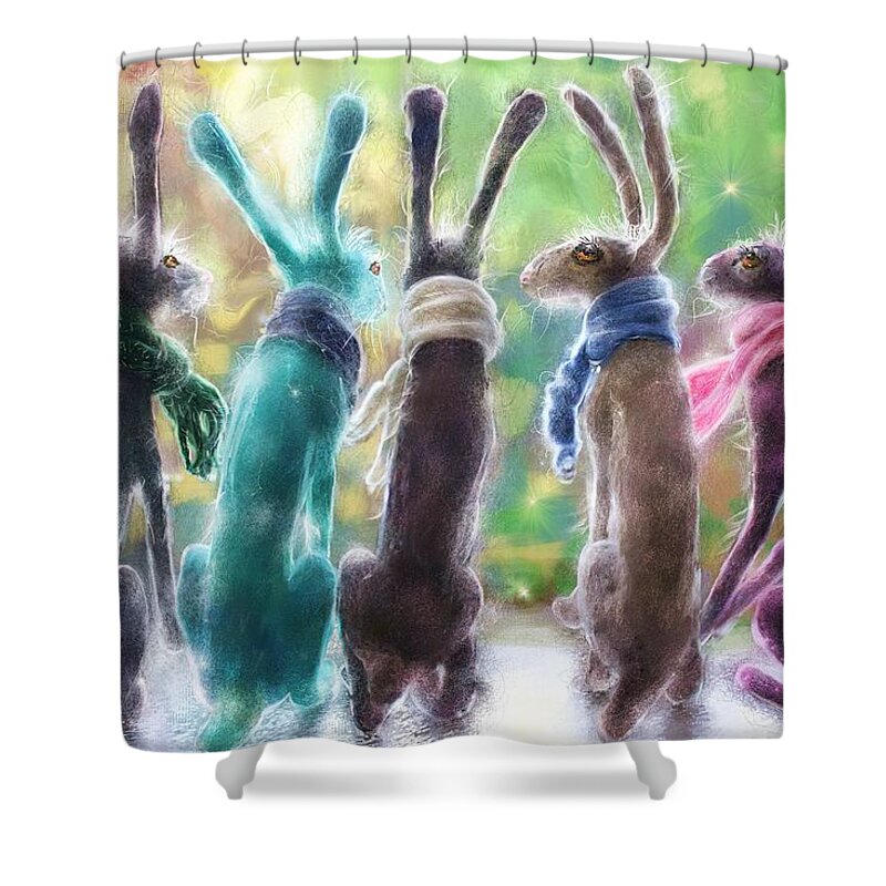 Needlefelted Shower Curtain featuring the digital art Hares with scarves by Debra Baldwin