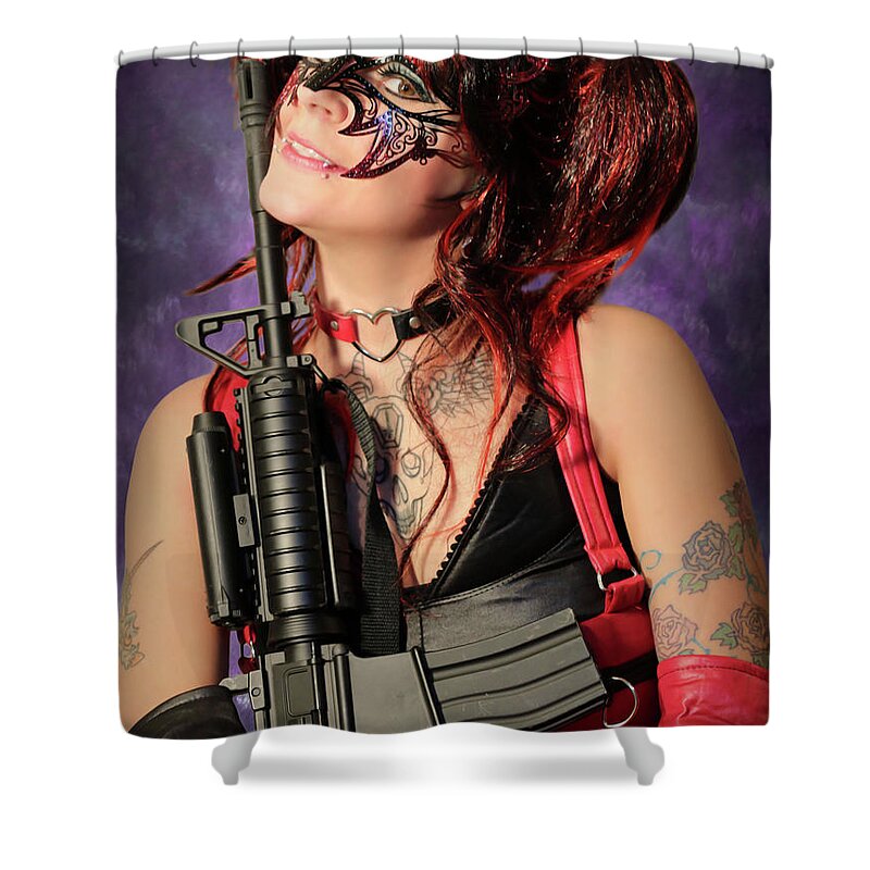 Harlequin Shower Curtain featuring the photograph Harlequin With Gun by Jon Volden