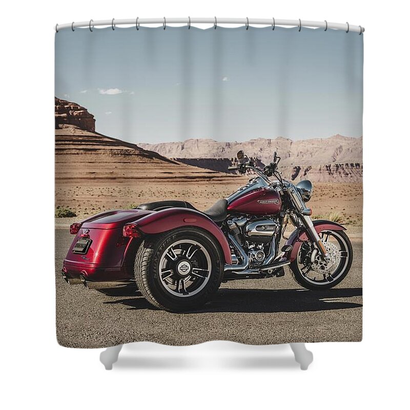 Harley-davidson Freewheeler Shower Curtain featuring the digital art Harley-Davidson Freewheeler by Super Lovely