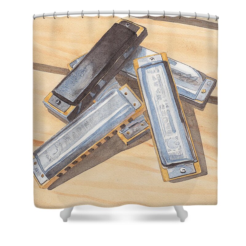 Harmonica Shower Curtain featuring the painting Harmonica Pile by Ken Powers