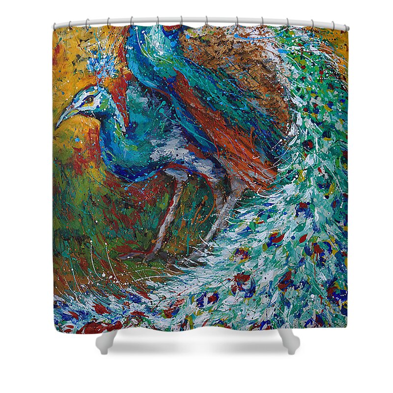 Peacock And Peahen Shower Curtain featuring the painting Harmonious by Jyotika Shroff