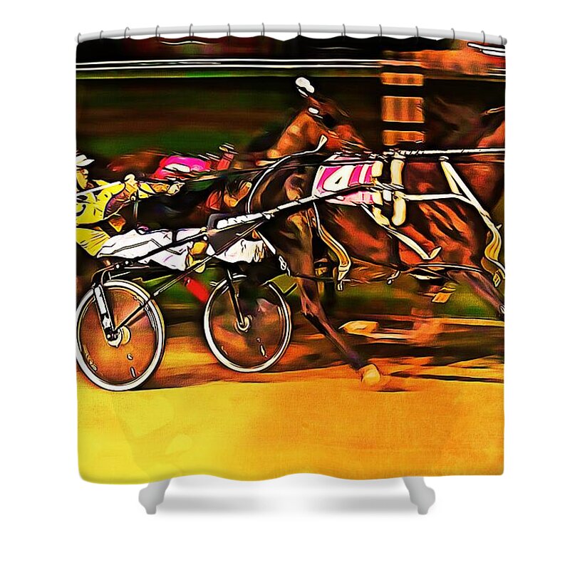 Race Shower Curtain featuring the mixed media Harness Race #2 by Tatiana Travelways