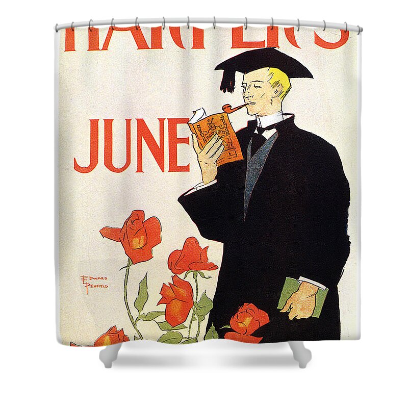 Harper's June Shower Curtain featuring the mixed media Harper's Magazine - June - Magazine Cover - Vintage Advertising Poster by Studio Grafiikka