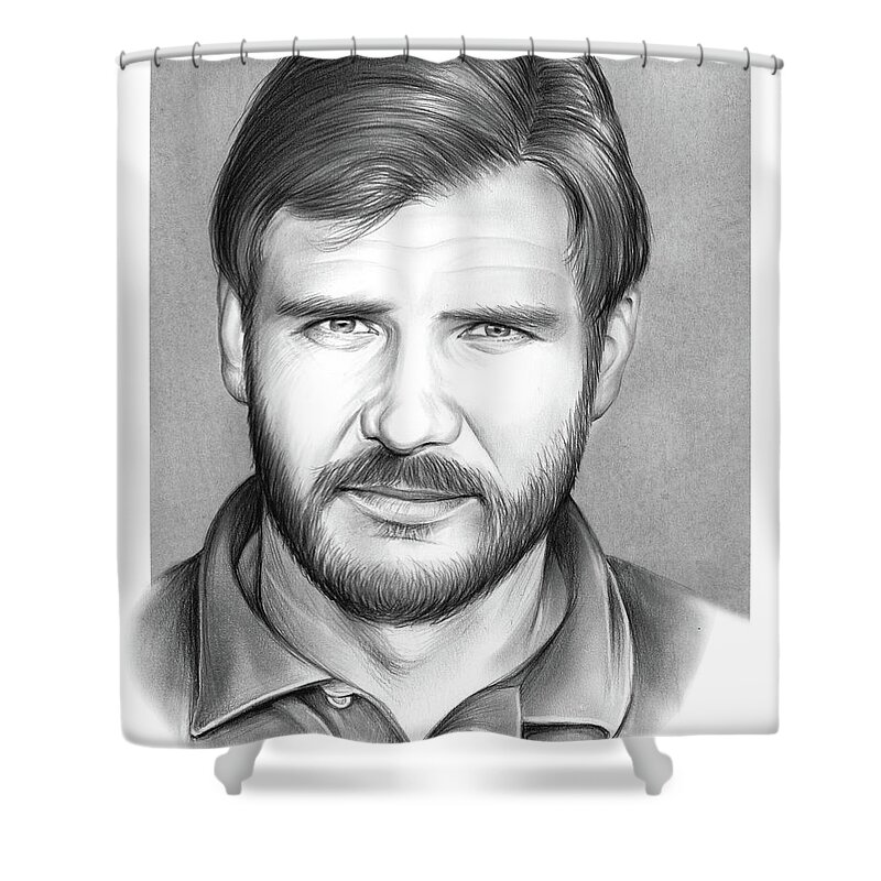 Harrison Ford Shower Curtain featuring the drawing Harrison Ford by Greg Joens