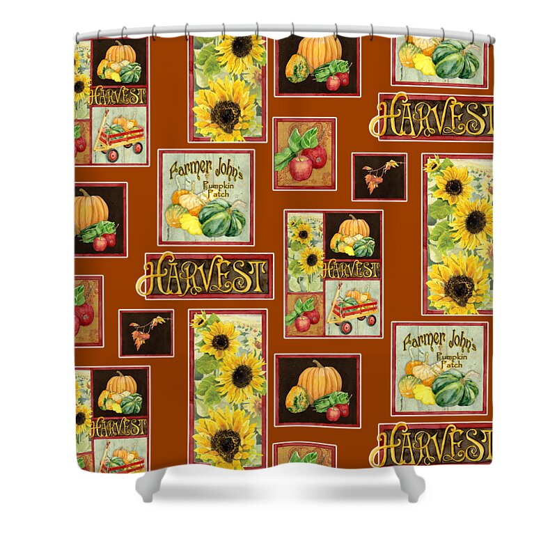 Harvest Shower Curtain featuring the painting Harvest Market Pumpkins Sunflowers n Red Wagon by Audrey Jeanne Roberts
