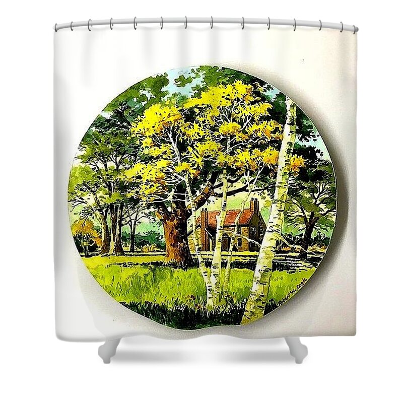 Round Shower Curtain featuring the painting Harvest Moon landscape by Robert W Cook