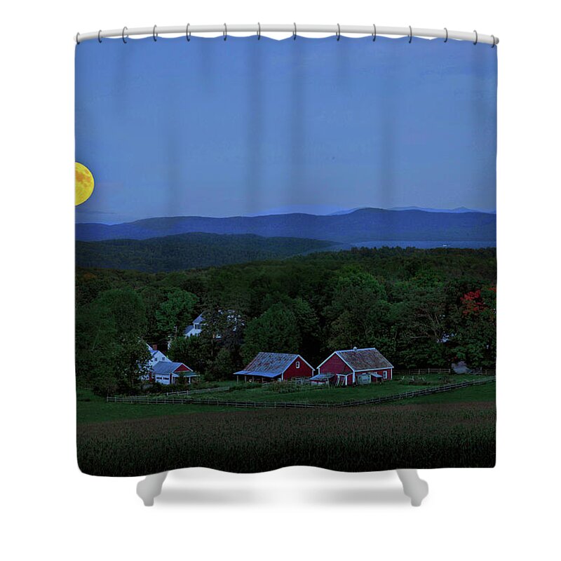 Harvest Moon Shower Curtain featuring the photograph Harvest Moon Over Peacham Vermont by John Vose