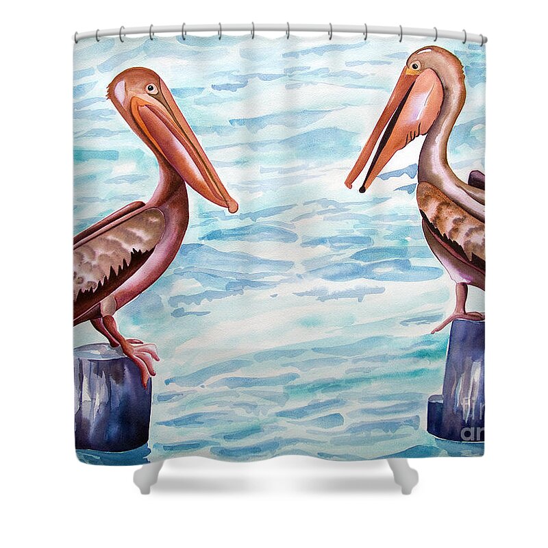 Pelicans Chatting Shower Curtain featuring the painting Have You Been To The Gulf by Kandyce Waltensperger