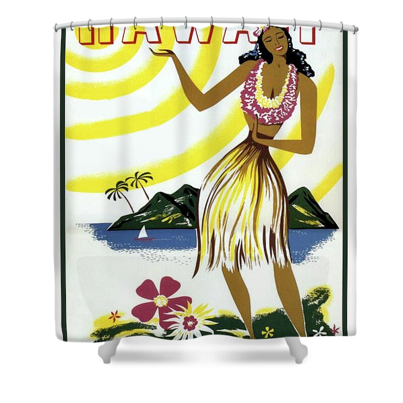 Hawaii Shower Curtain featuring the painting Hawaii, Hula girl, tropic beach, travel poster by Long Shot