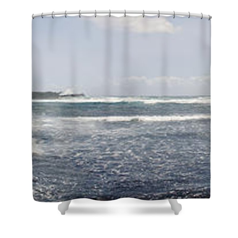 Beach Shower Curtain featuring the photograph Hawaiian Black Sand Beach Pano by Peter J Sucy