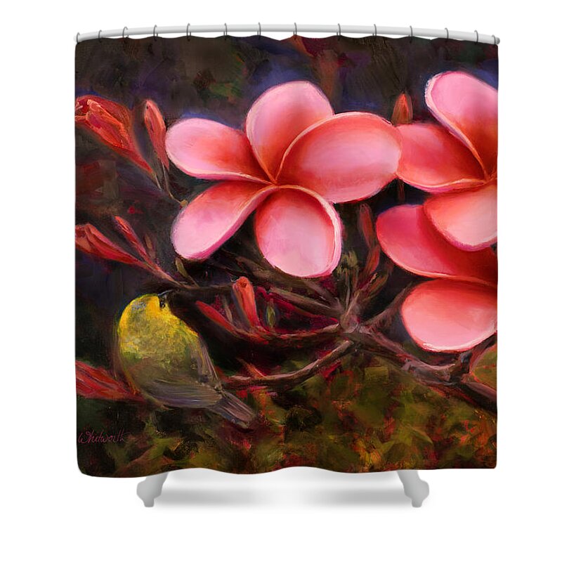 Pua Melia Shower Curtain featuring the painting Hawaiian Pink Plumeria and Amakihi Bird by K Whitworth