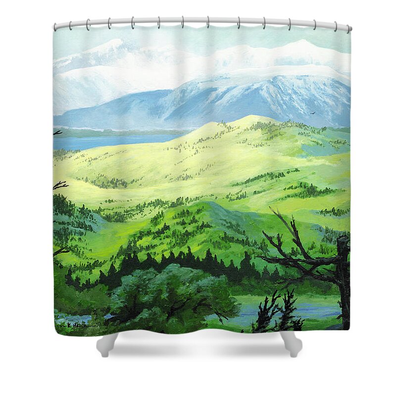 Mountains Shower Curtain featuring the painting Hawk Meadows by Lynn Hansen