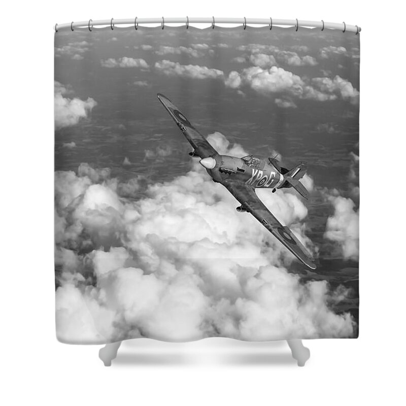 Hawker Hurricane Shower Curtain featuring the photograph Hawker Hurricane IIB of 174 Squadron BW version by Gary Eason