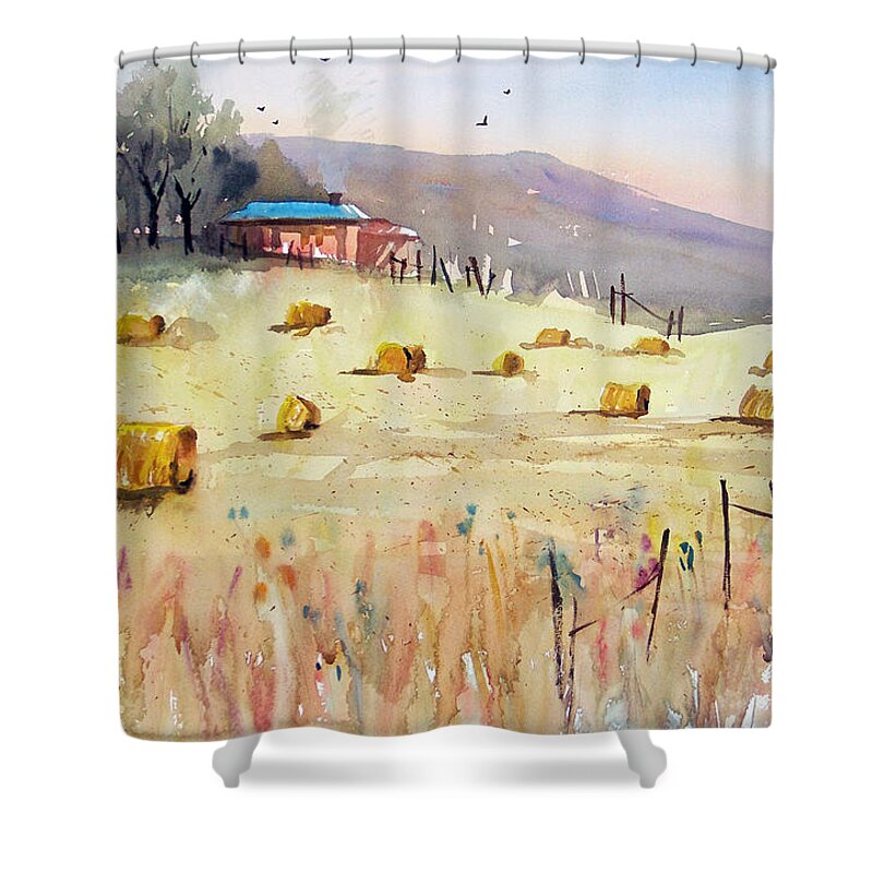 Watercolor Shower Curtain featuring the painting Hay Bales by Ryan Radke