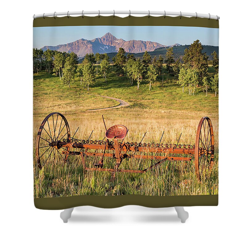 Hay Shower Curtain featuring the photograph Hay Rake in Morning Sun by Denise Bush