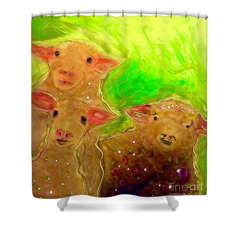 Sheep Whimsical Children Illustrations Wool Spinners Weavers Lambs Shower Curtain featuring the painting Hay What dew Ewe Know by FeatherStone Studio Julie A Miller