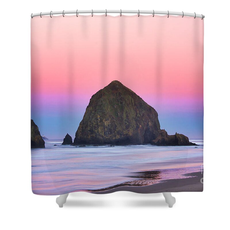 Haystack Rock Shower Curtain featuring the photograph Haystack Rock at dawn by Bruce Block
