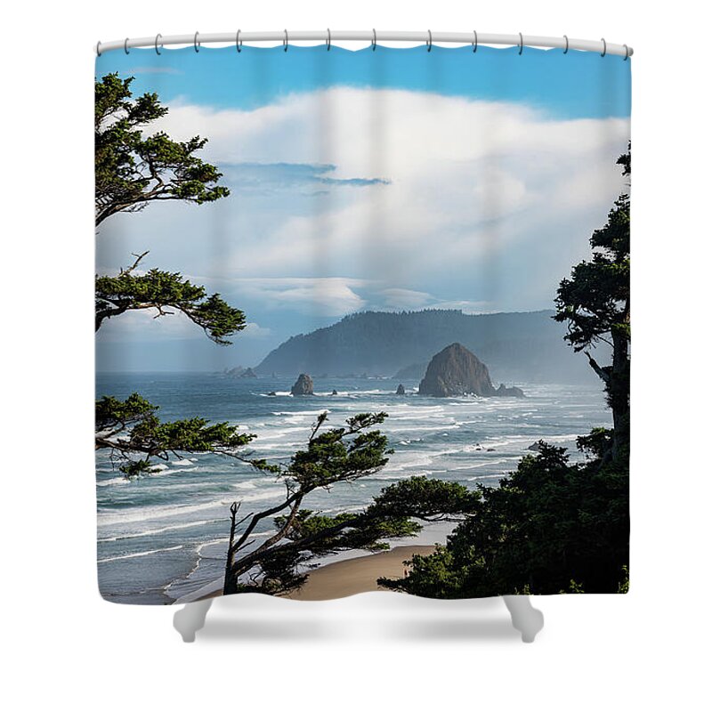 Cannon Beach Shower Curtain featuring the photograph Haystack Views by Darren White