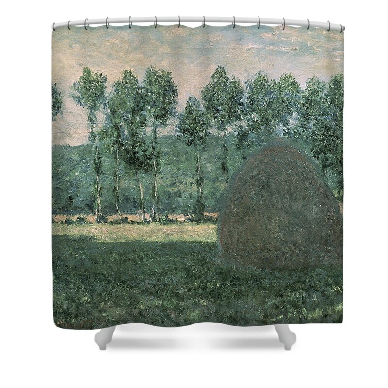 Impressionist; Landscape; Trees; France Shower Curtain featuring the painting Haystacks near Giverny by Claude Monet