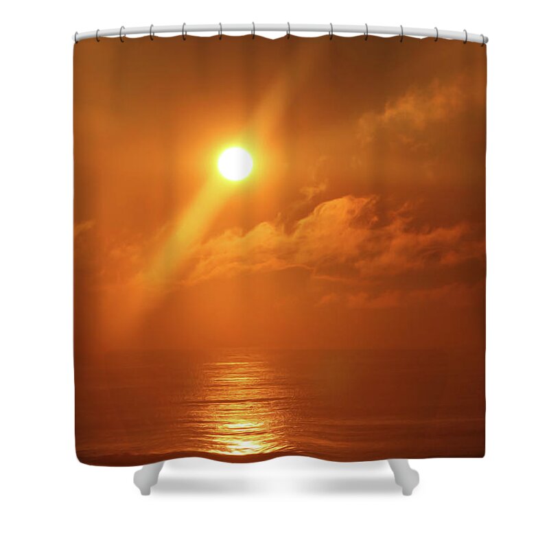 Sunrise Shower Curtain featuring the photograph Hazy Orange Sunrise On The Jersey Shore by Jeff Breiman