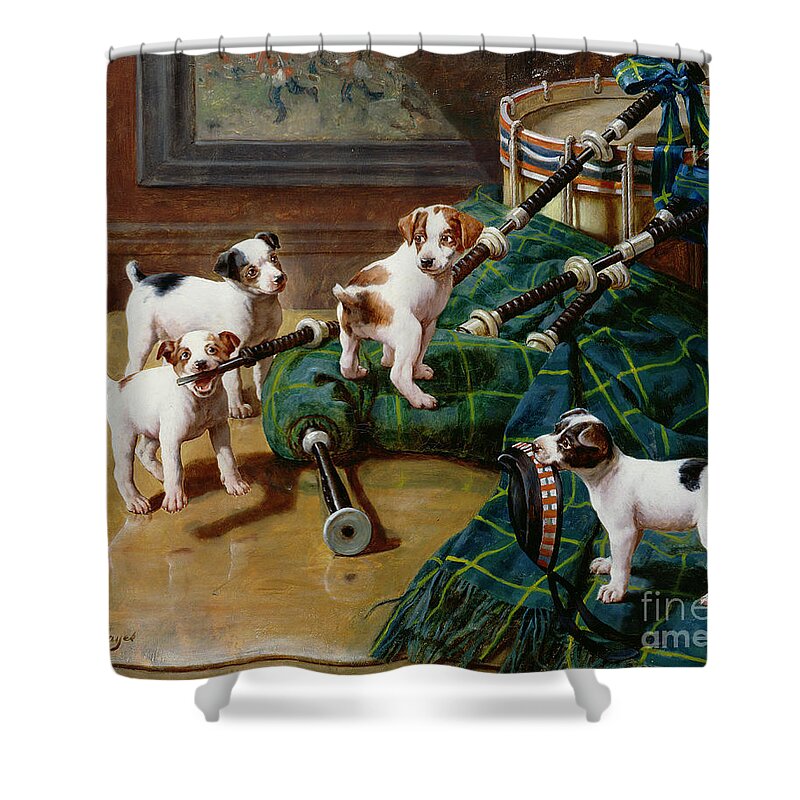 He Who Pays The Piper Calls The Tune By John Hayes Shower Curtain featuring the painting He Who Pays the Piper Calls the Tune by John Hayes