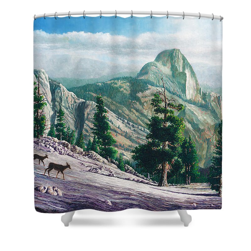 Yosemite Shower Curtain featuring the painting Heading Down by Douglas Castleman