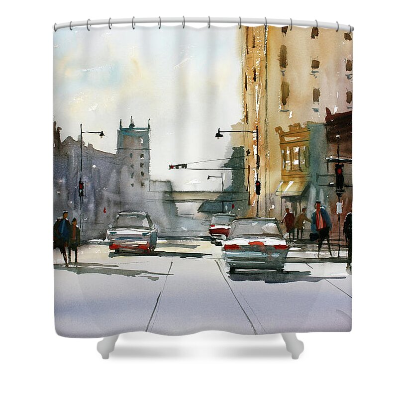 Ryan Radke Shower Curtain featuring the painting Heading West on College Avenue - Appleton by Ryan Radke