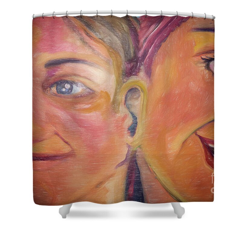 Beauty Shower Curtain featuring the painting Hearing The Same Stories by Janice Pariza