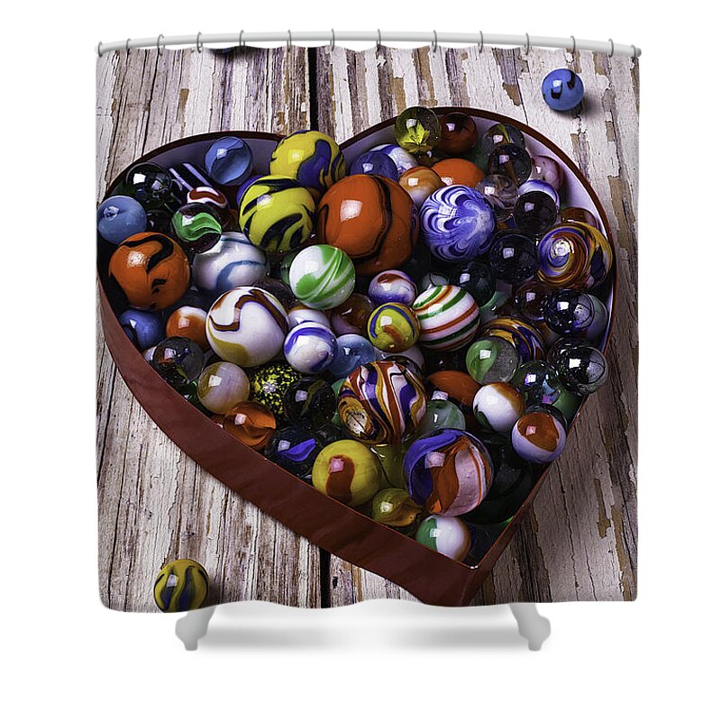 Marbles Shower Curtain featuring the photograph Heart Box With Marbles by Garry Gay