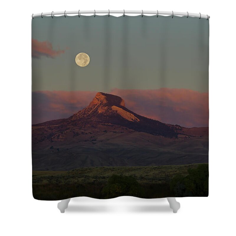 Heart Mountain Shower Curtain featuring the photograph Heart Mountain And Full Moon-Signed-#0273 #0273 by J L Woody Wooden