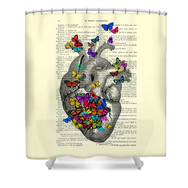 Heart Shower Curtain featuring the digital art Heart With Rainbow Butterflies by Madame Memento