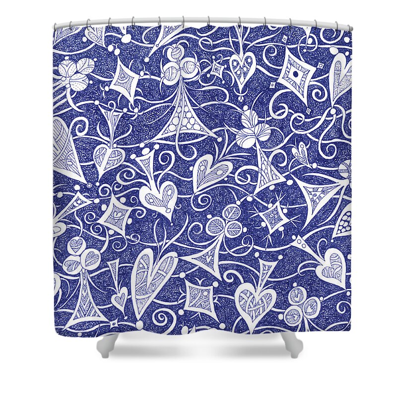 Lise Winne Shower Curtain featuring the drawing Hearts, Spades, Diamonds And Clubs In Blue by Lise Winne