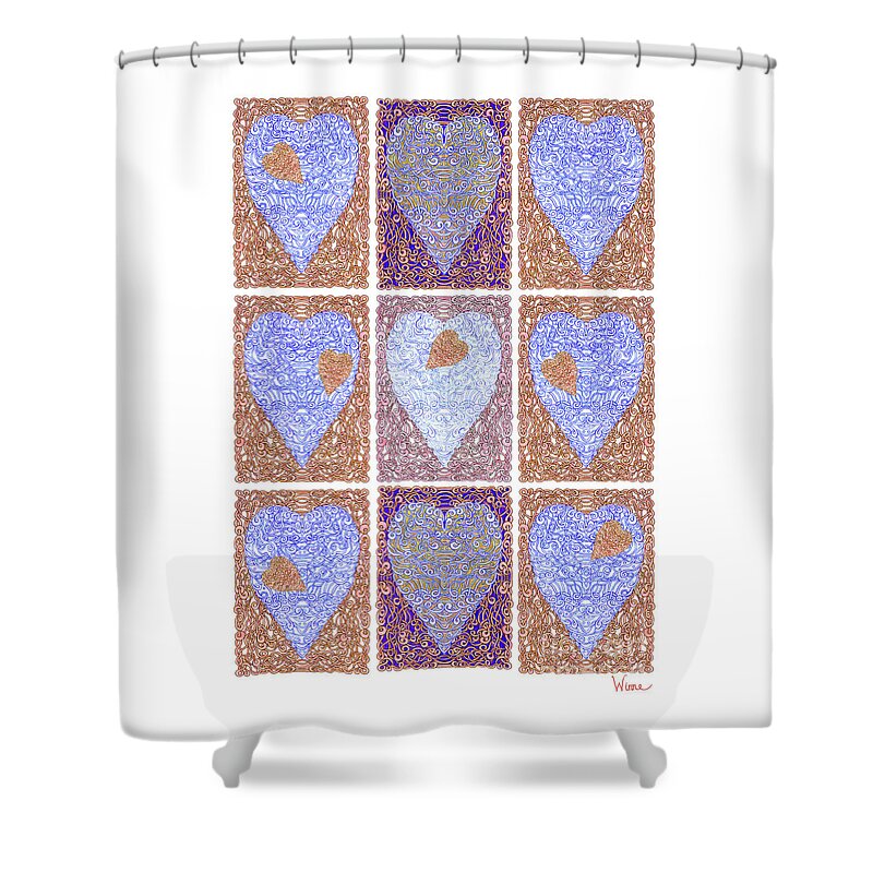 Lise Winne Shower Curtain featuring the digital art Hearts Within Hearts In Copper and Blue by Lise Winne