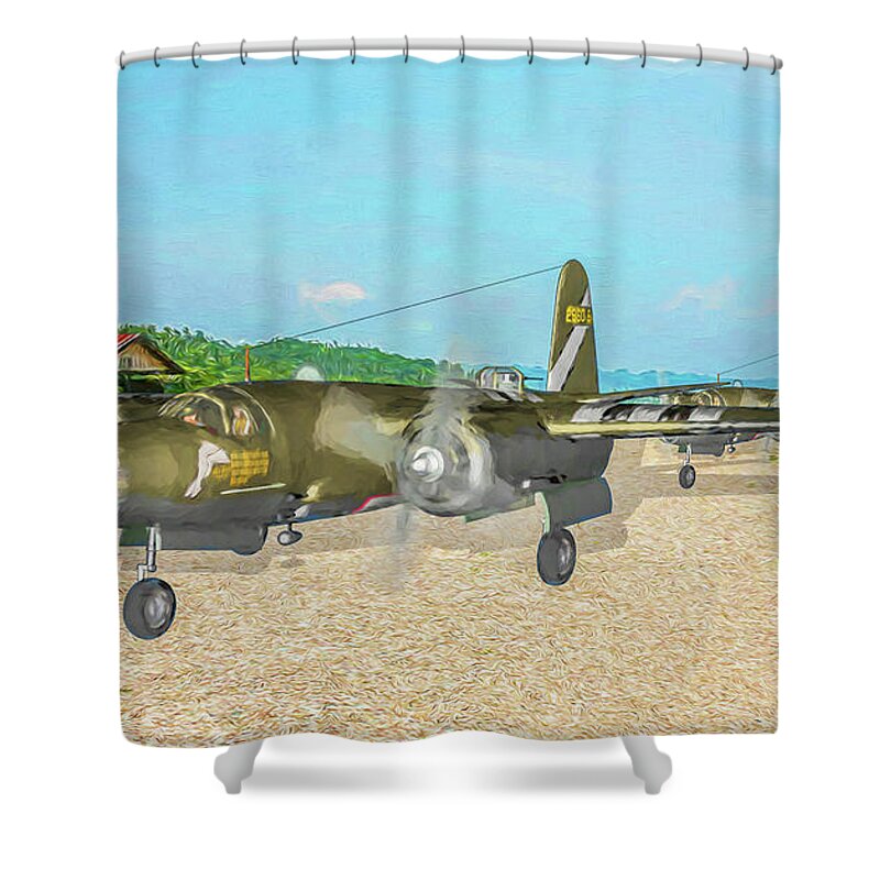 Martin B-26 Marauder Shower Curtain featuring the digital art Heaven's Above Startup - Oil by Tommy Anderson