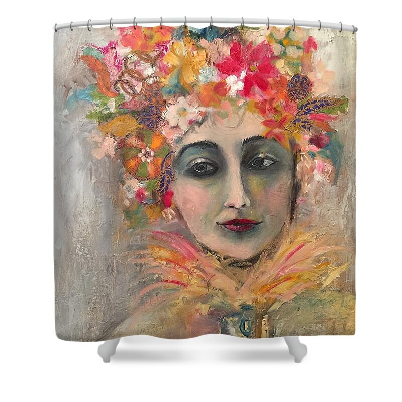 Women Flowers Contemporary Colorful Portrait Shower Curtain featuring the mixed media Hedy Lamore by Janet Visser