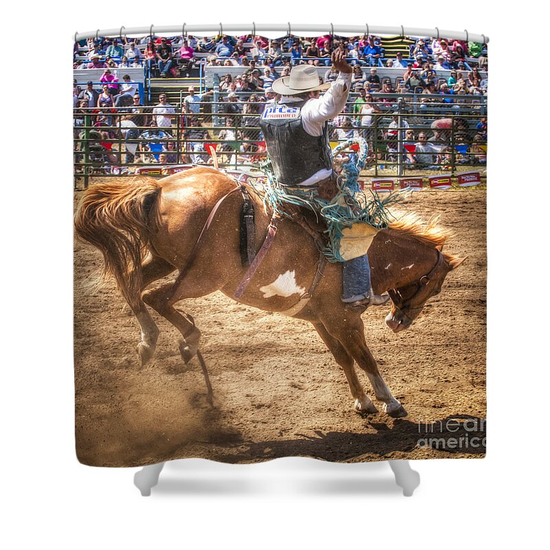 Bucking Horse Shower Curtain featuring the digital art Heels Up by Christopher Cutter