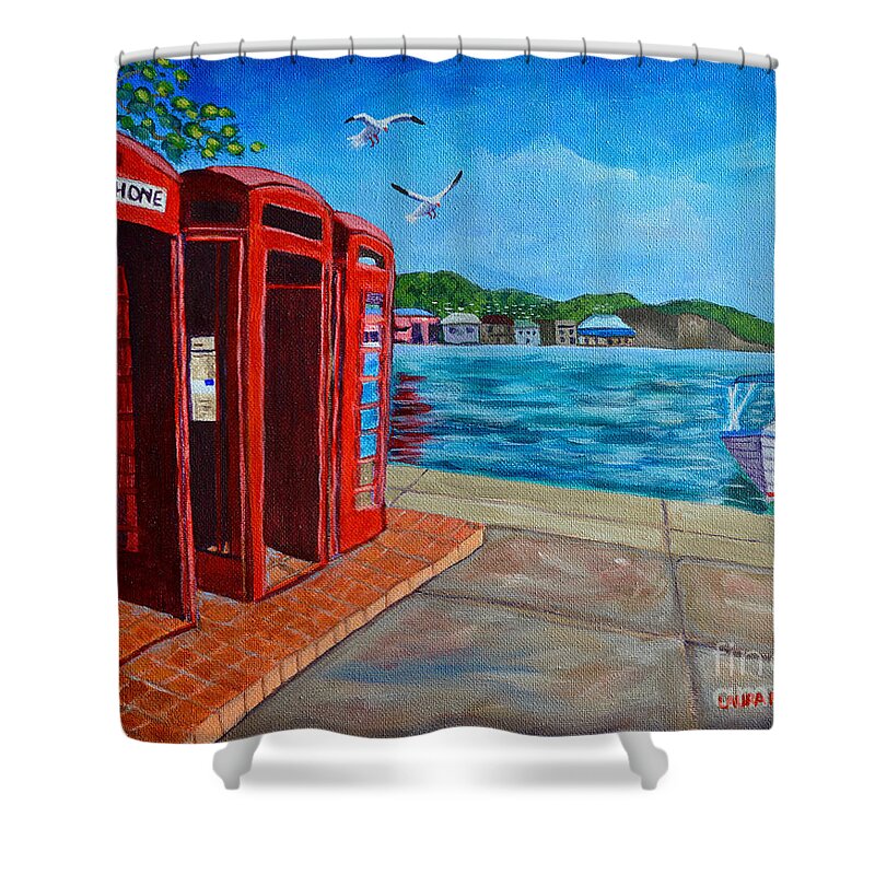 Grenada Shower Curtain featuring the painting Hello, it's me, I'm on the Carenage by Laura Forde