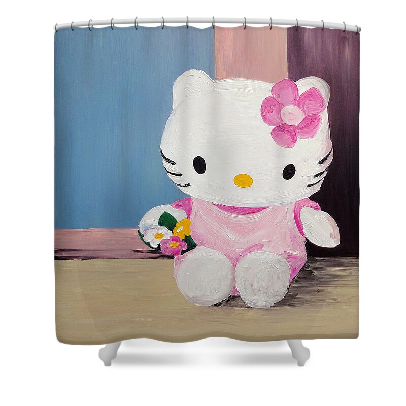Hello Kitty Shower Curtain featuring the painting Hello Kitty At The Window by Barbara Pommerenke