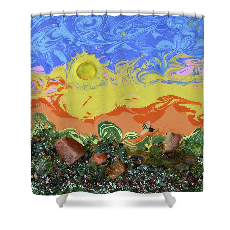 Mixed Media Nature Art Shower Curtain featuring the mixed media Hello Squirrel by Donna Blackhall