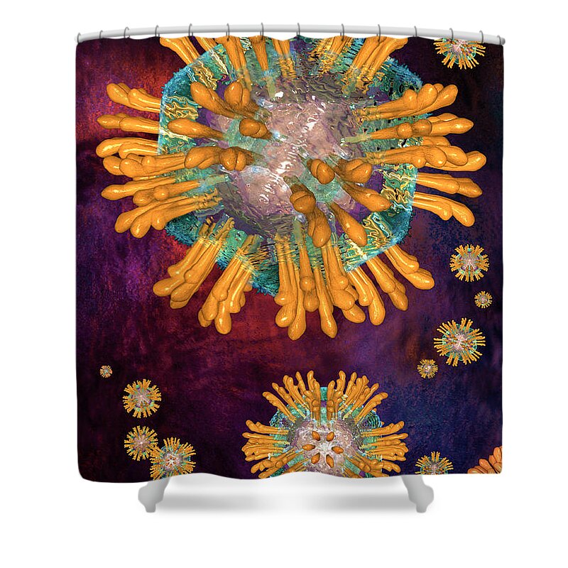 Biological Shower Curtain featuring the digital art Hepatitis C Virus particles or virions. by Russell Kightley