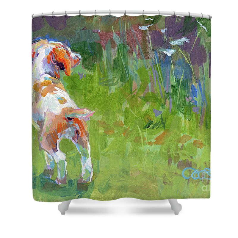 Brittany Spaniel Shower Curtain featuring the painting Her First Point by Kimberly Santini