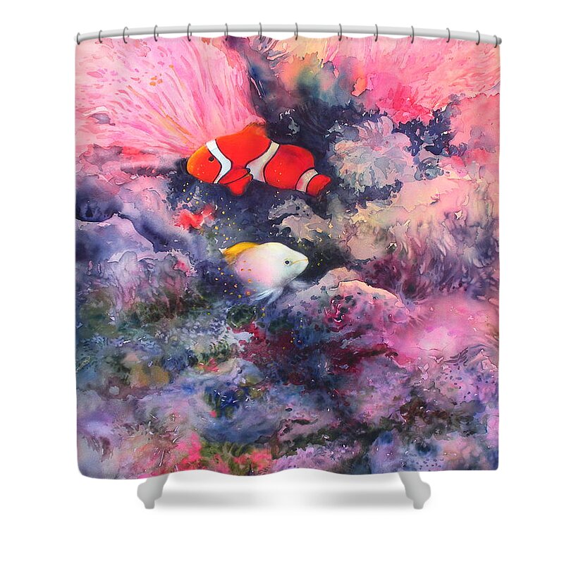 Watercolor Of Tropical Fish Shower Curtain featuring the painting Here Comes Nemo by Maryann Boysen