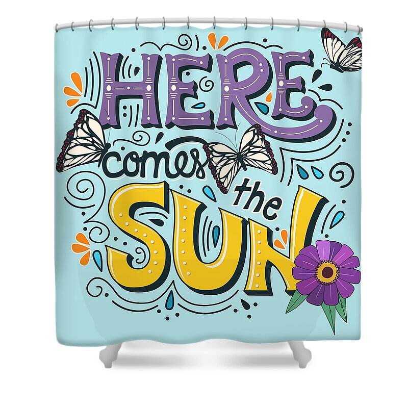 Sun Shower Curtain featuring the painting Here Comes The Sun And Flowers And Butterflies by Little Bunny Sunshine