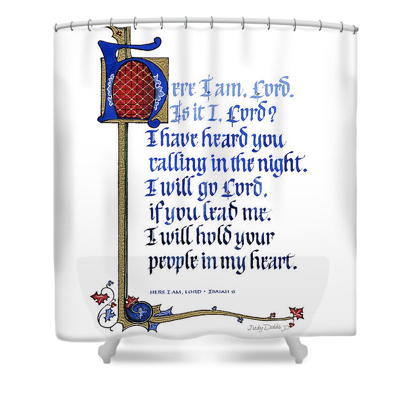 Bible Shower Curtain featuring the painting Here I Am by Judy Dodds