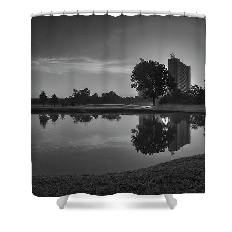 Houston Shower Curtain featuring the photograph Hermann Park Sunrise Black and White by Joshua House
