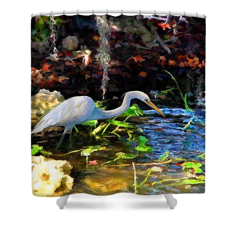 Tropical Shower Curtain featuring the painting Heron in Quiet Pool by David Van Hulst