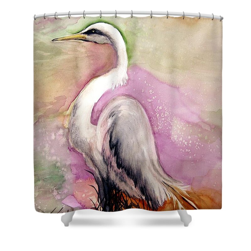 Lil Taylor Shower Curtain featuring the painting Heron Serenity by Lil Taylor