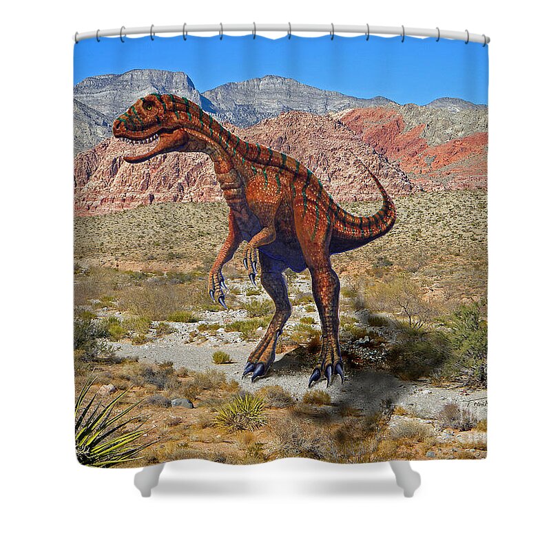 Dinosaur Art Shower Curtain featuring the mixed media Herrarsaurus In Desert by Frank Wilson