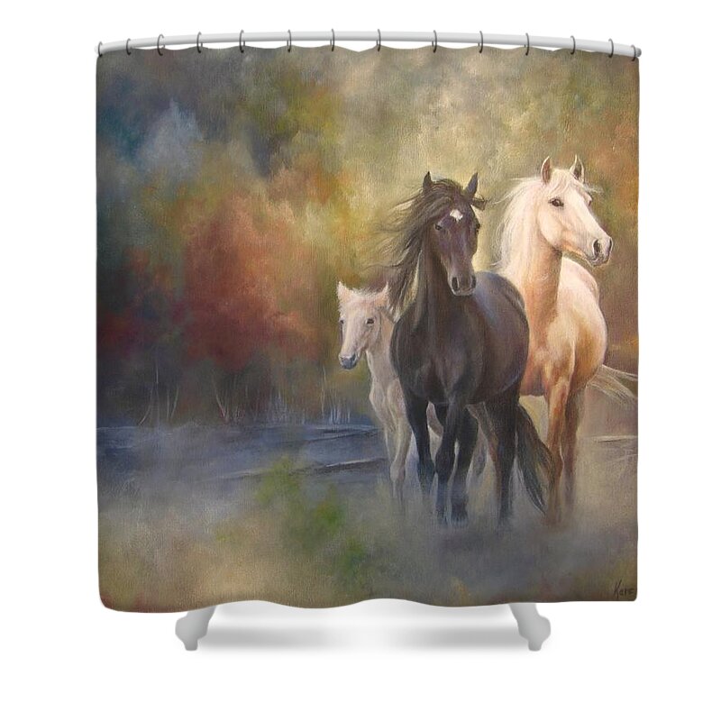 Horse Art Shower Curtain featuring the painting Hiding in the Mist by Karen Kennedy Chatham